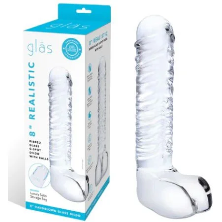 Realistic Ribbed G-Spot Glass Dildo with Balls 8" by Glas